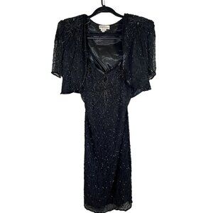 Vintage Jasdee Hand Beaded Silk Tank Dress Black M Crop Bolero Midi Classic 70s